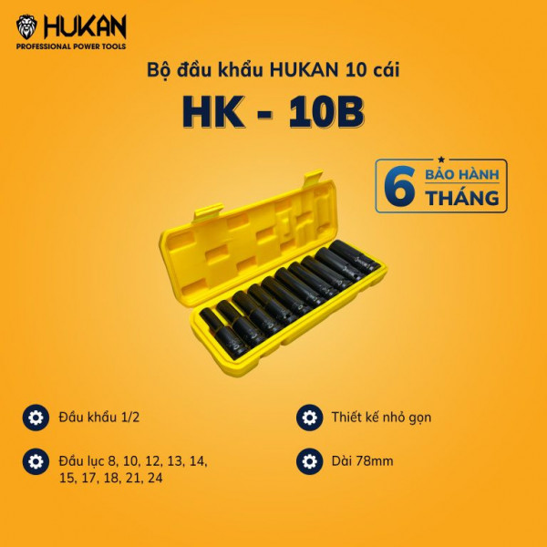 Bộ đầu khẩu Hukan HK-10B 10 cái loại 1/2 dài 78mm
