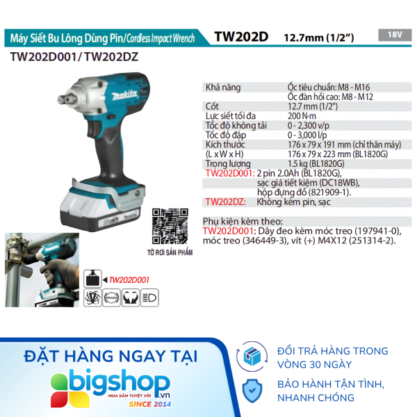 Máy siết bulong dùng pin 18V MAKITA TW202DZ (Thân máy)