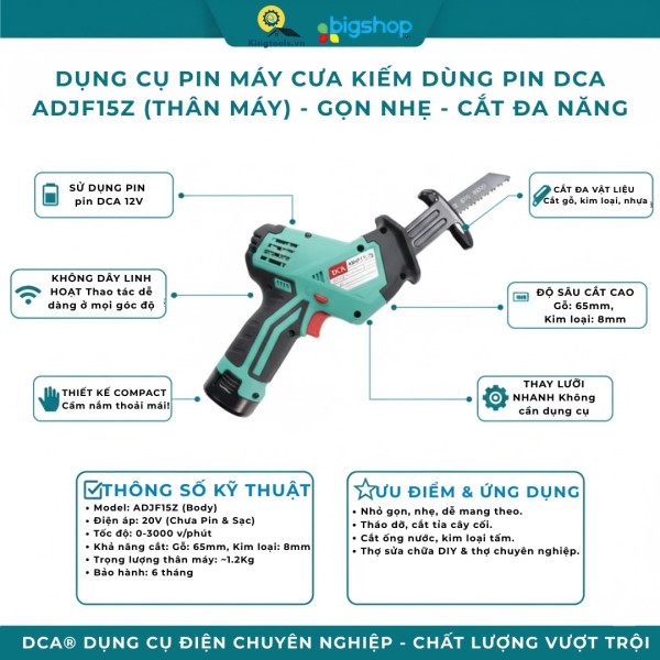 Máy cưa kiếm dùng pin DCA ADJF15Z (Thân máy)