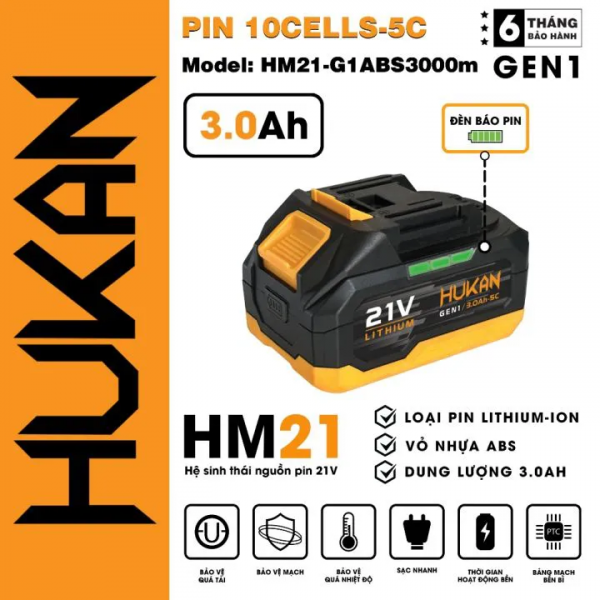 Pin 21V 10Cell HUKAN M21-G1ABS3000m Chân Pin Phổ Thông, 3AH