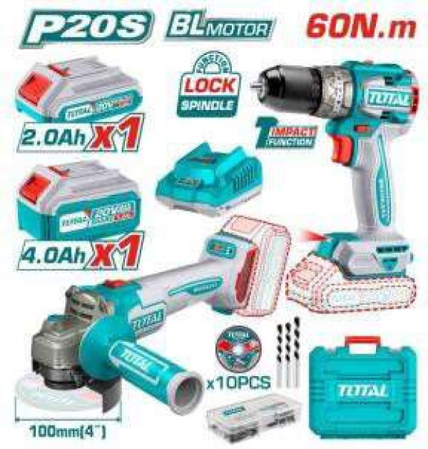 Bộ combo máy mài góc không chổi than dùng pin 20V Total TCKLI2027310 