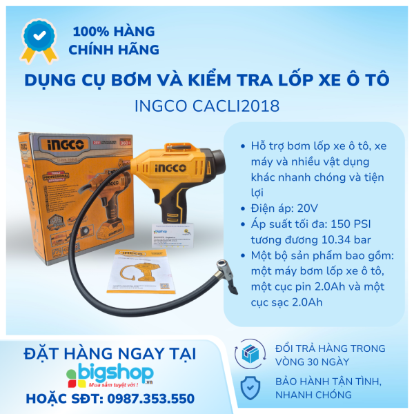 Dụng cụ bơm và kiểm tra lốp xe ô tô dùng pin Lithium 20V INGCO CACLI2018