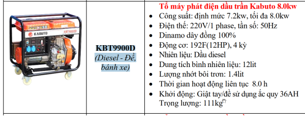 TỔ MÁY PHÁT ĐIỆN DIESEL KABUTO KBT9900D (Diesel - Đề, bánh xe), 8KW