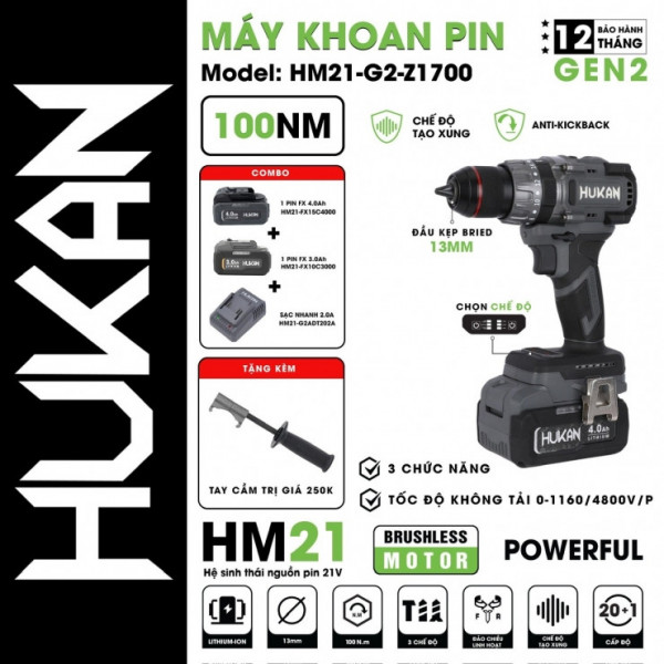 Máy Khoan Pin Hukan HM21-G2-Z1700 ( Tạo Xung - Antikick Back )