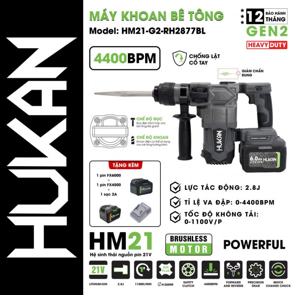 Máy Khoan Đục Bê Tông Pin Hukan HM21-G2-RH2877BL