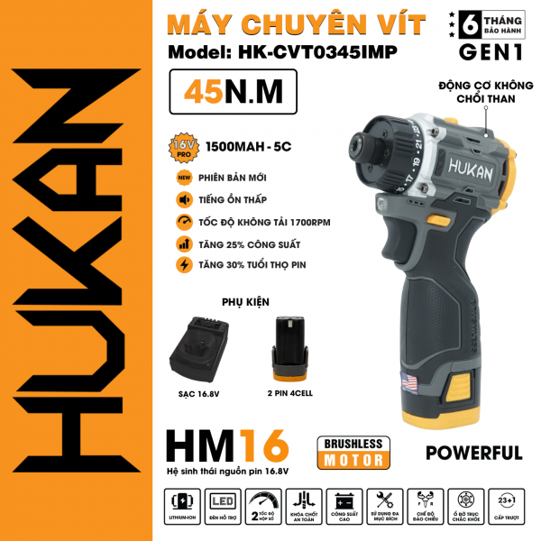 Máy chuyên vít Hukan HK- CTV0345IMP, 16.8V, 45N.m, 2 pin 4cell