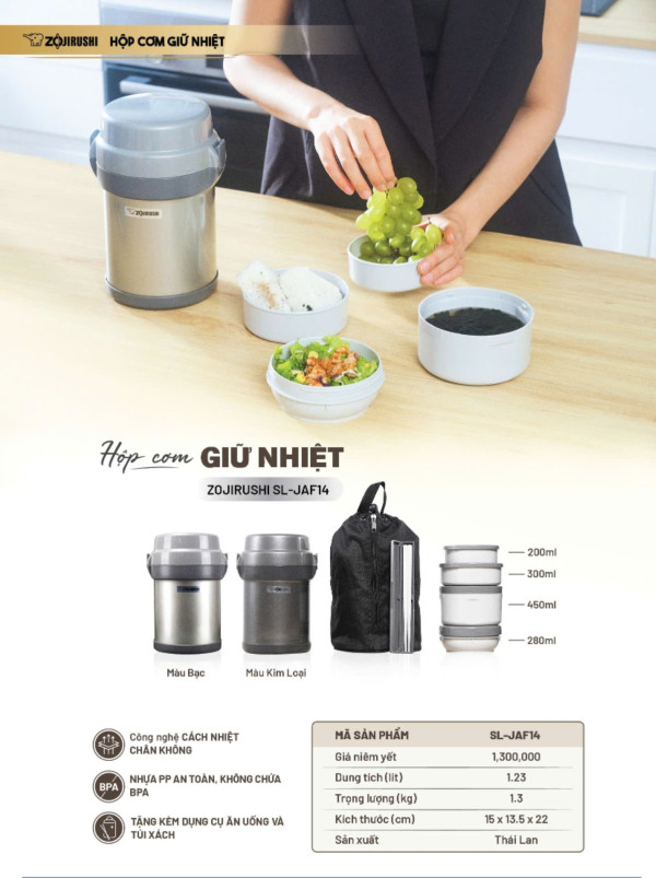 Hộp cơm giữ nhiệt Zojirushi 3 ngăn mã SL-JAF14, 1.23L