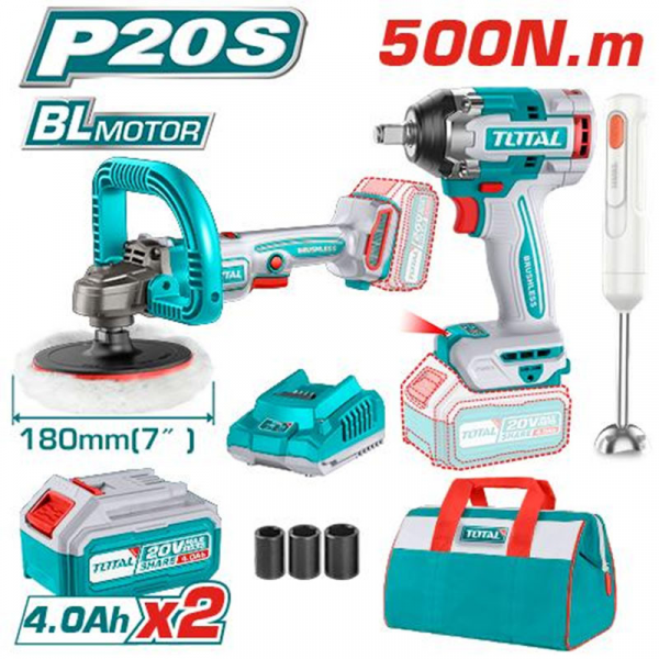 Bộ combo máy siết buloong TIWLI2050 & máy đánh bóng TAPLI2018 không chổi than dùng pin 20V & máy xay cầm tay Total TJB037T dùng pin TOSLI240686