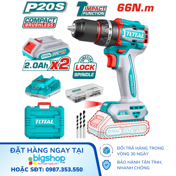 Máy khoan búa dùng pin Lithium-ion 20V TOTAL TIDLI20668 (2 pin 2.0Ah và 1 sạc)