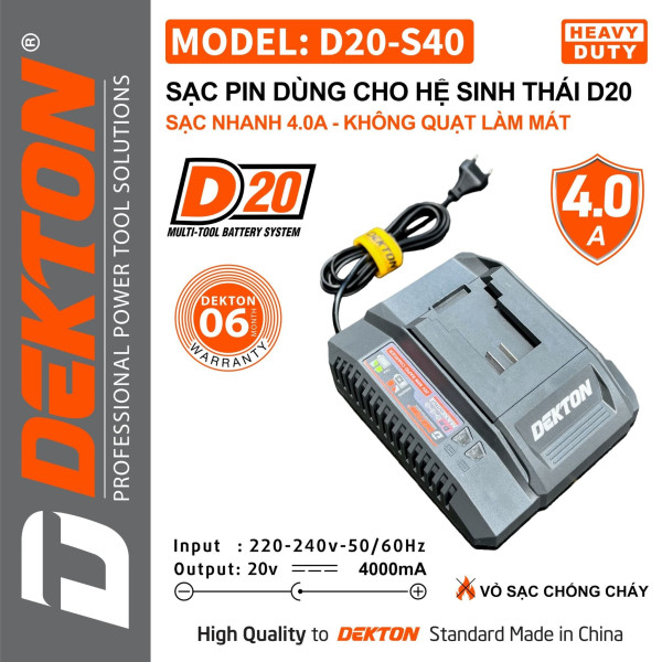 Sạc pin Dekton D20-S40, chân pin dewalt, màu xám, 4AH