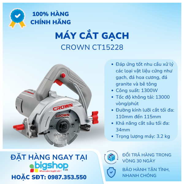 Máy cắt gạch Crown CT15228, 110mm, 1300W, cắt sâu 34mm