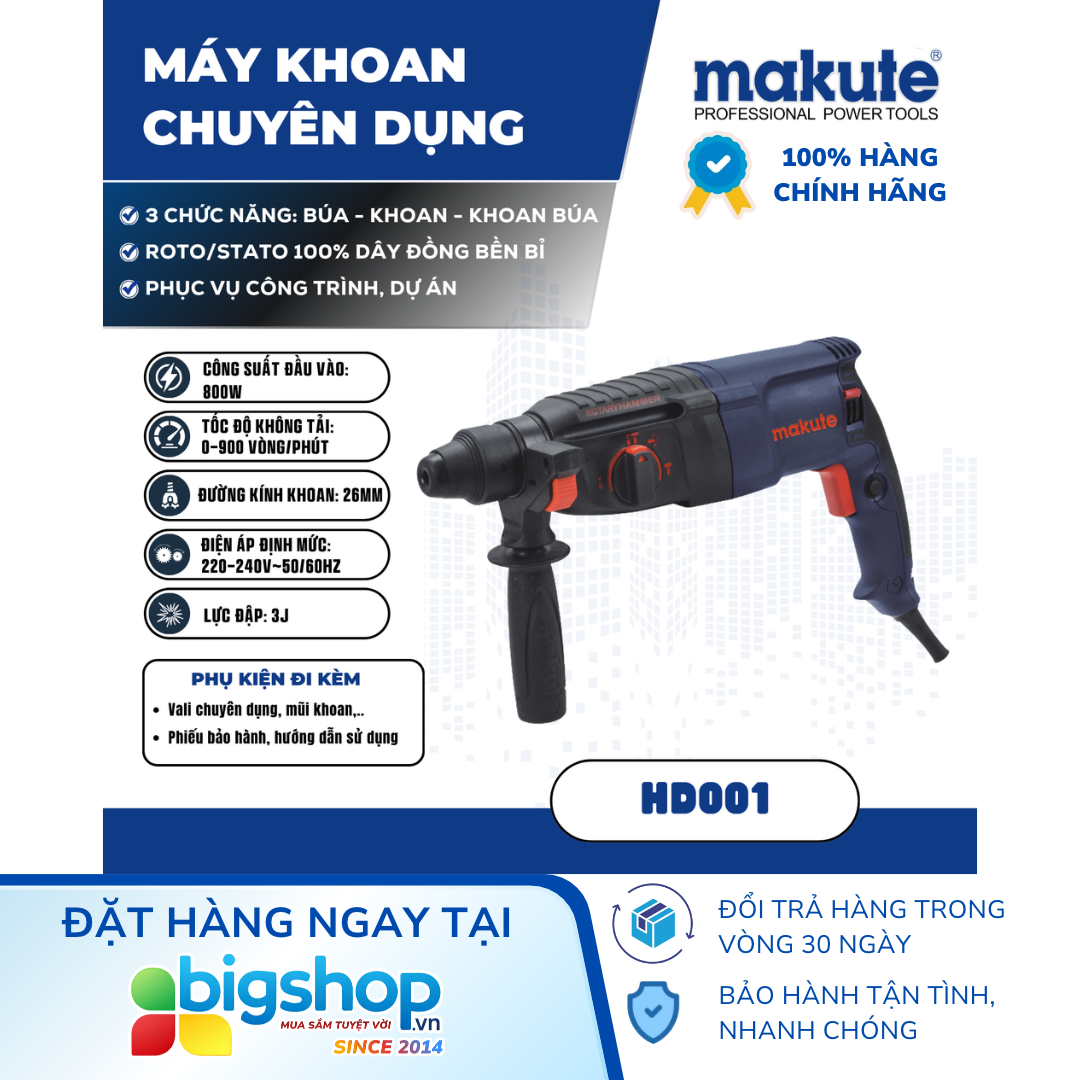 Máy khoan bê tông Makute HD001 (Công suất 800W, mũi 26mm)