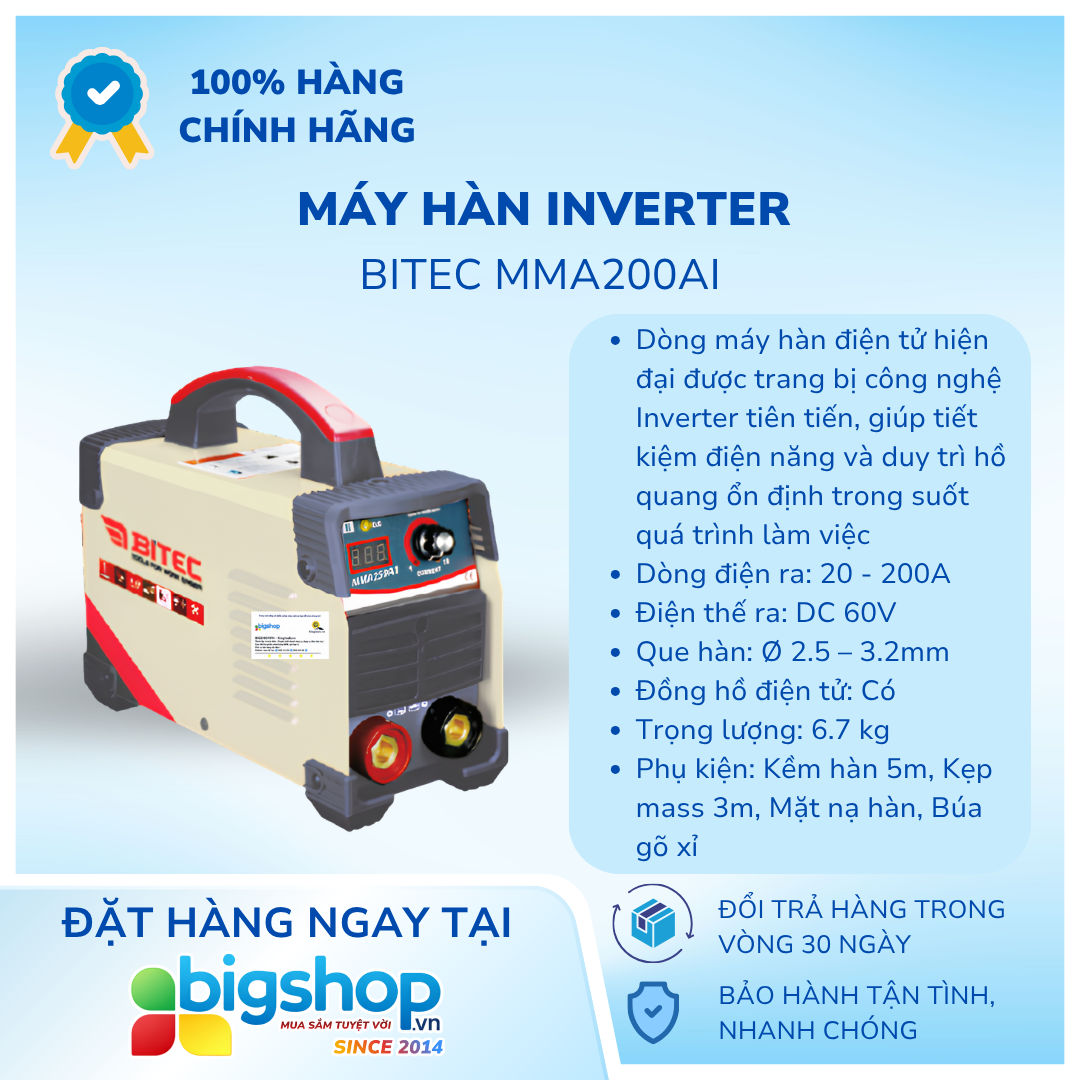Máy hàn Inverter BITEC MMA200AI, chuyên hàn que 3.2 ly