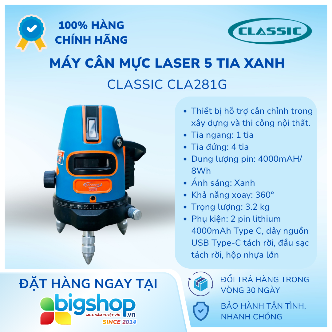 Máy cân mực laser 5 tia xanh CLASSIC CLA281G