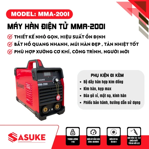 Máy hàn điện tử Sasuke MMA-200I, chuyên hàn que 2.5 ly