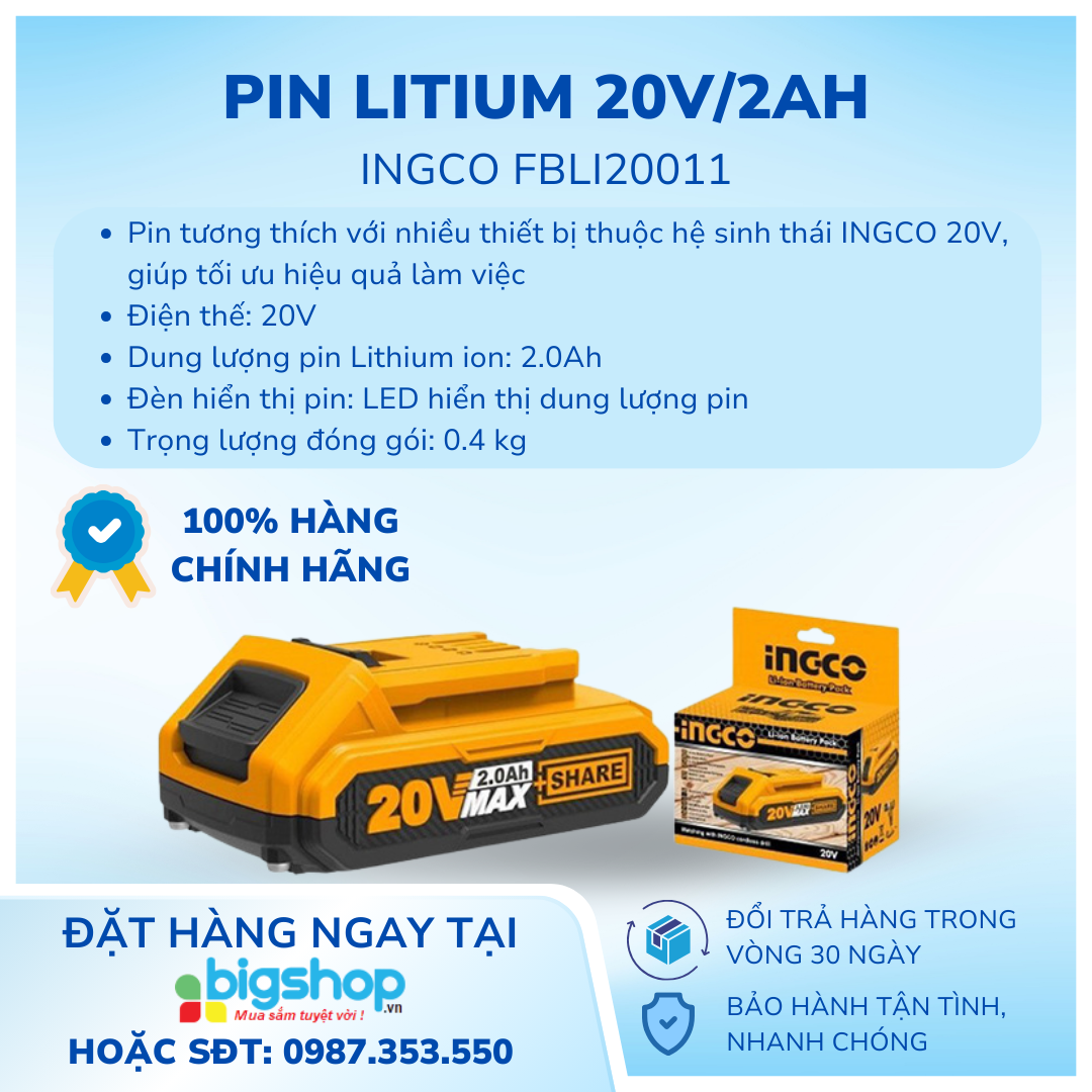 Pin Litium 20v/2Ah Ingco FBLI20011