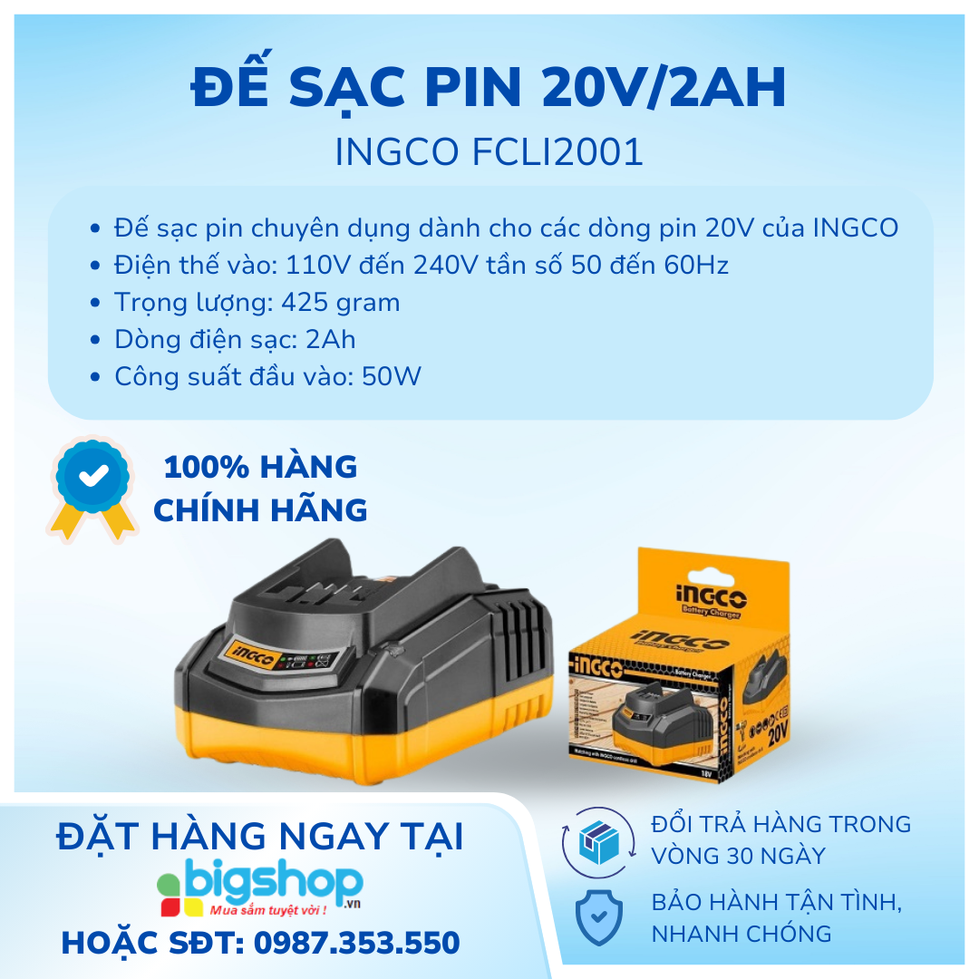 Đế sạc pin 20V/2Ah Ingco FCLI2001