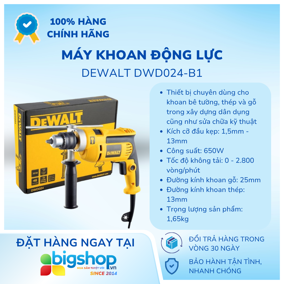 Máy khoan động lực DeWalt DWD024-B1 (CS 650W, mũi 13mm)