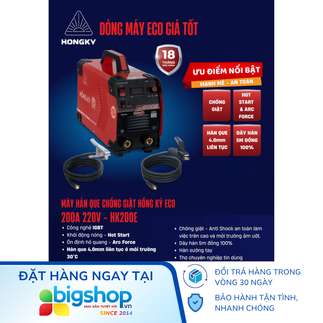 Máy hàn que chống giật Hồng Ký Eco HK200E (MMA Inverter 200A/220V)