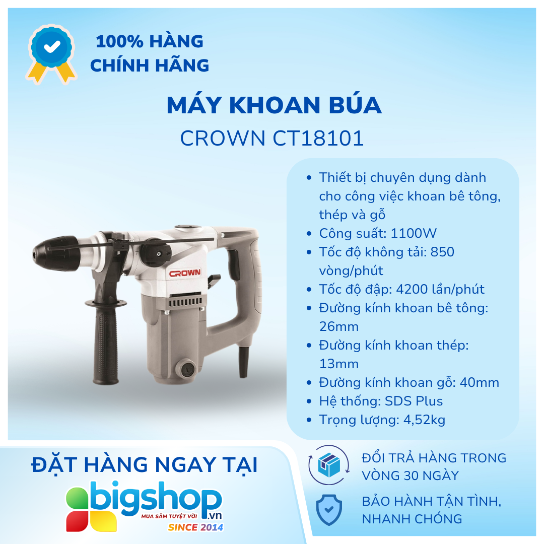 Máy khoan búa 1100W Crown CT18101