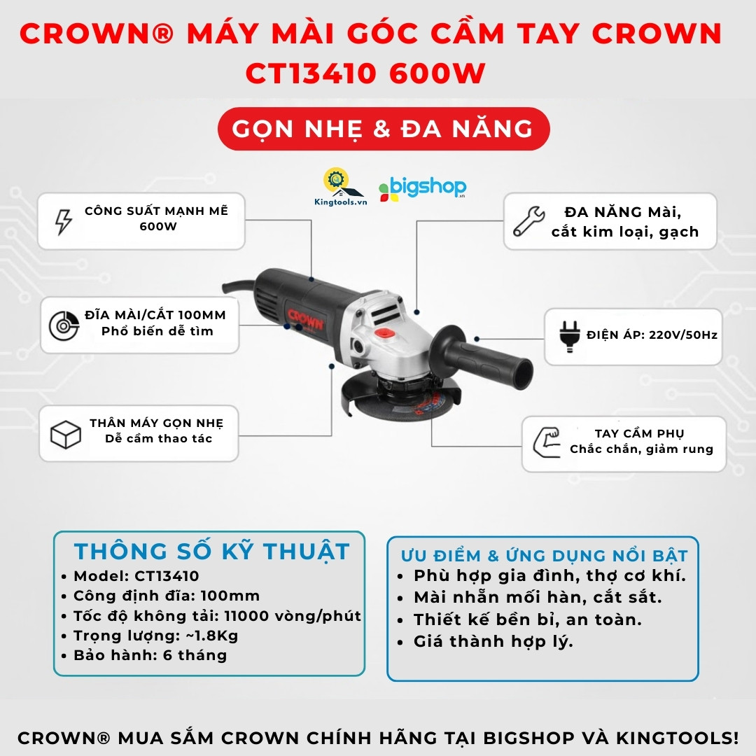 Máy mài góc cầm tay 600W Crown CT13410