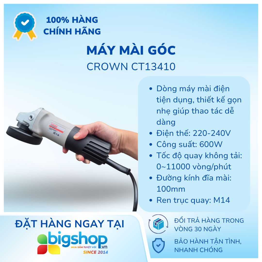 Máy mài góc Crown CT13410 (CS 600W, đĩa mài 100mm)