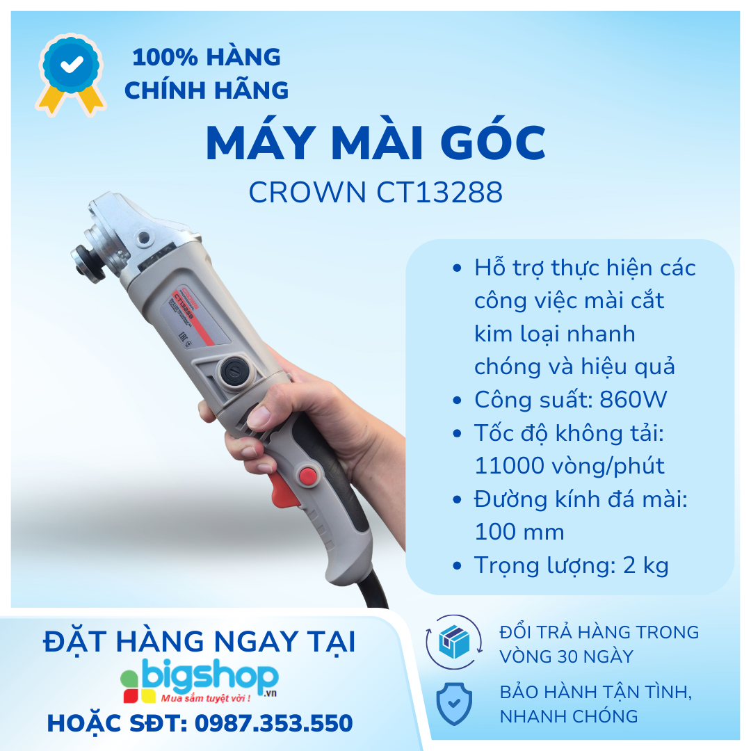 Máy mài góc 860W Crown CT13288, 100mm, công tắc bóp