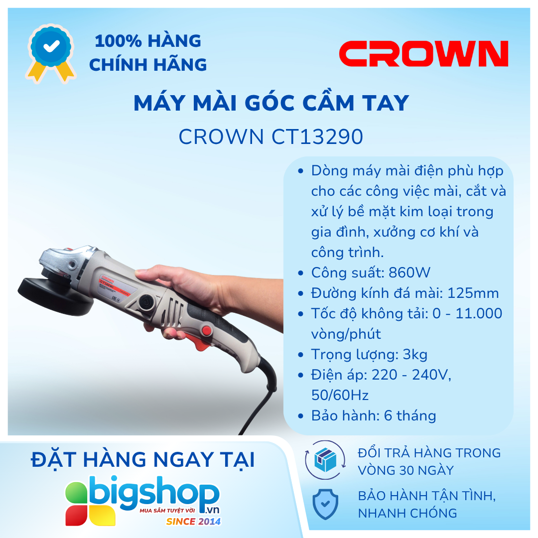 Máy mài góc cầm tay 860W CROWN CT13290 (Đĩa 125mm)