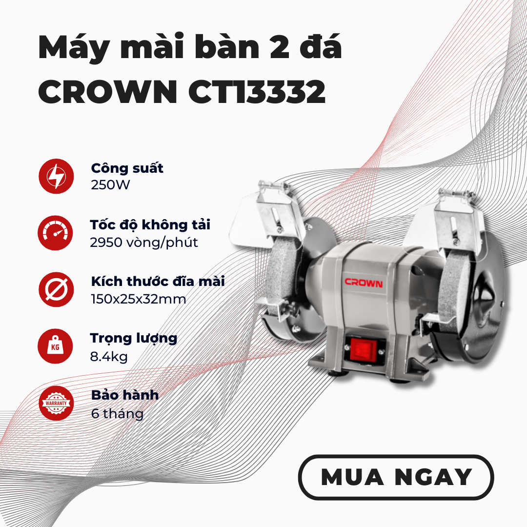Máy mài 2 đá Crown CT13332, đá mài 150mm, 250W