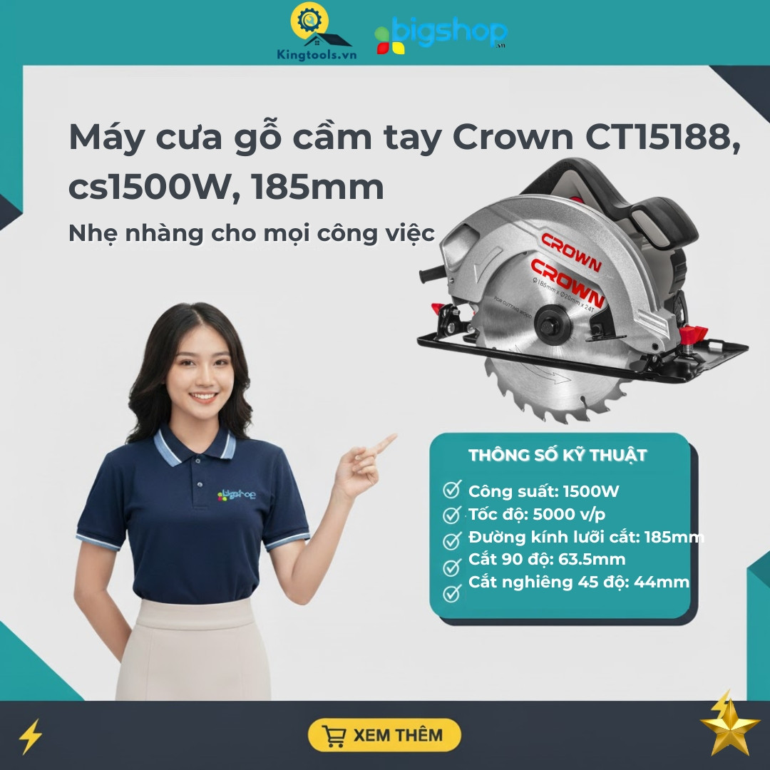 Máy cưa gỗ cầm tay Crown CT15188, cs1500W, 185mm