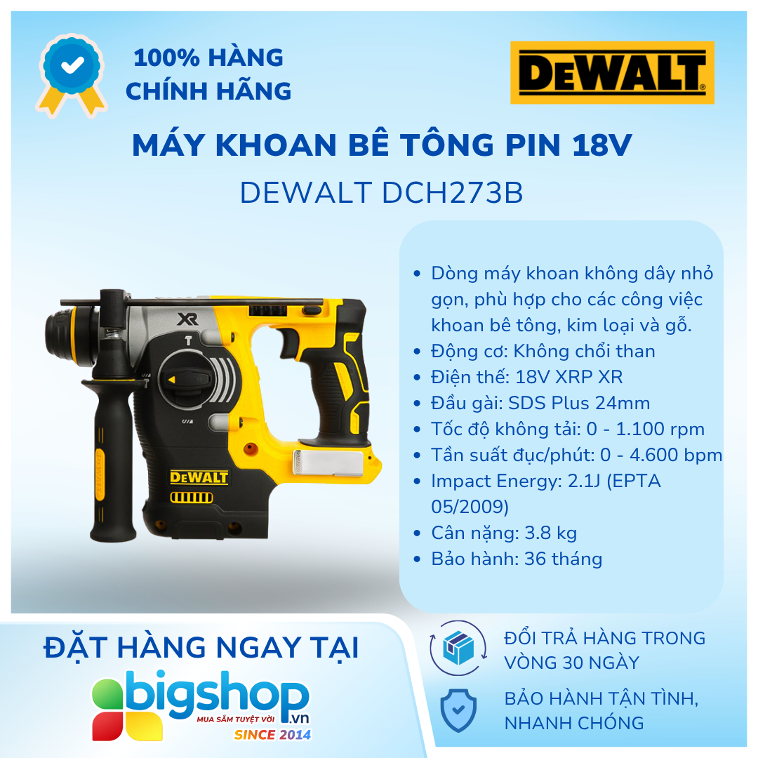 Máy khoan bê tông pin 18V DEWALT DCH273B (Thân máy)