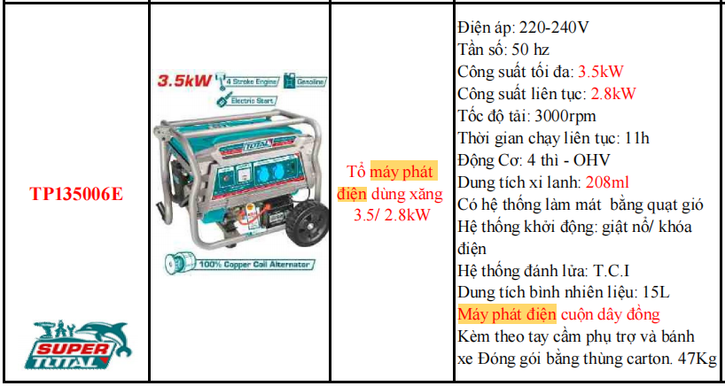 Máy phát điện dùng xăng TOTAL TP135006E - CS 3.5kW