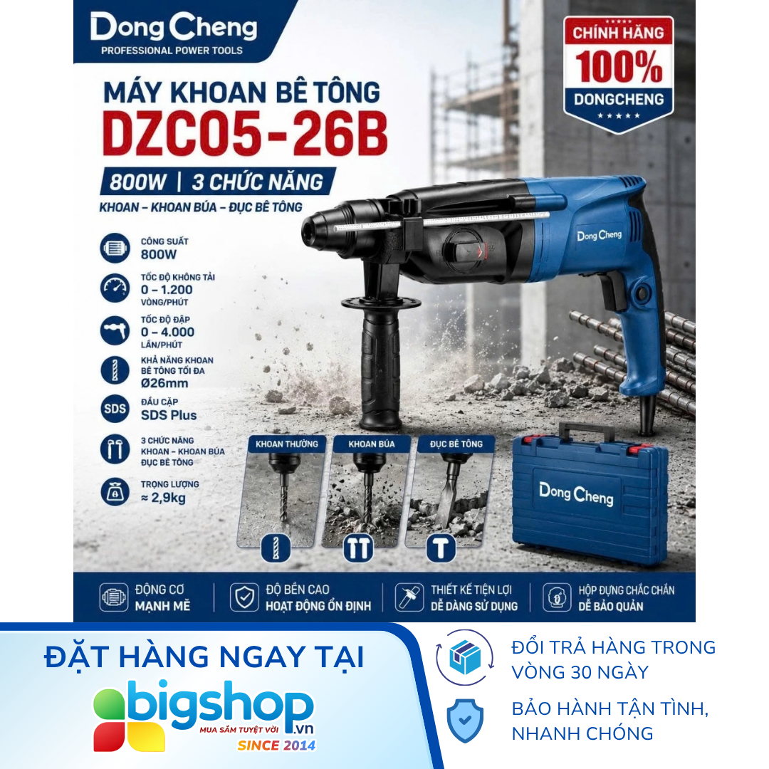 Máy khoan đục bê tông DONGCHENG DZC05-26B (Công suất 800W, mũi 26mm)