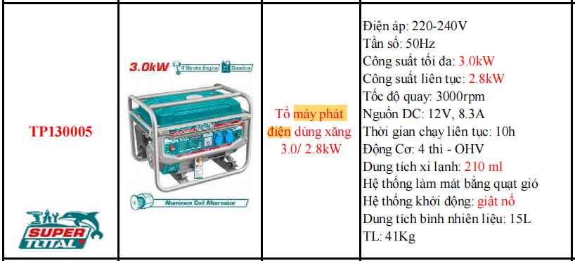 Máy phát điện dùng xăng TOTAL TP130005 - Công suất 3.0kW