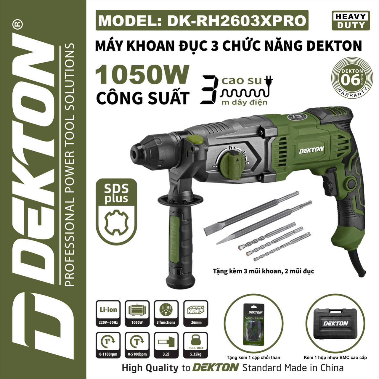 Máy khoan bê tông 3 chức năng Dekton DK-RH2603XPRO, 1050W