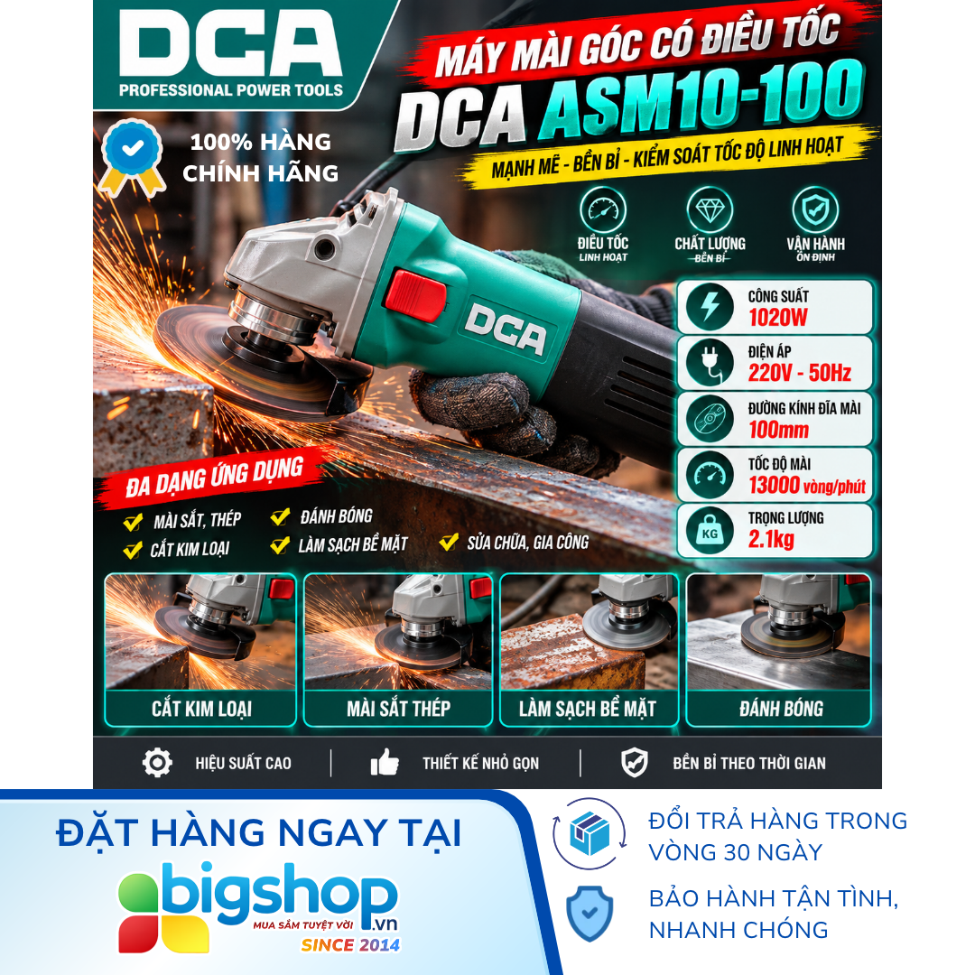 Máy mài góc có điều tốc DCA ASM10-100 (Công suất 1020W, đĩa 100mm)