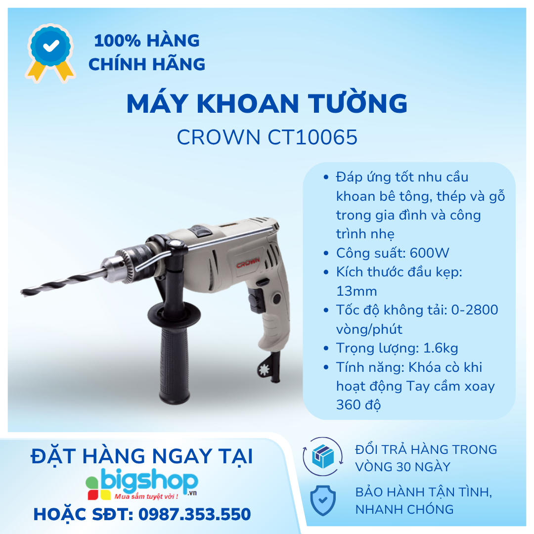 Máy khoan tường 600W Crown CT10065, 13mm