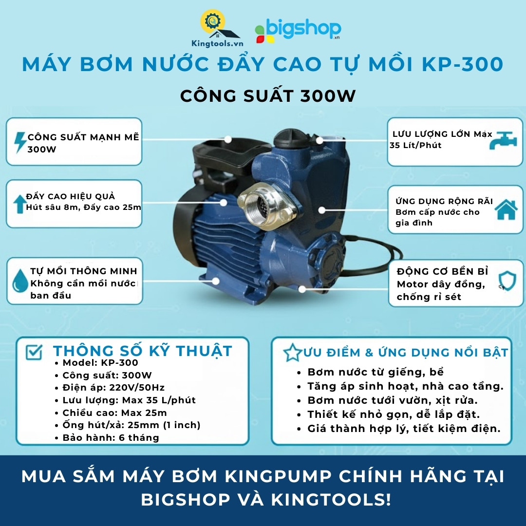 Máy bơm nước đẩy cao tự mồi KINGPUMP KP-300, CS 300W