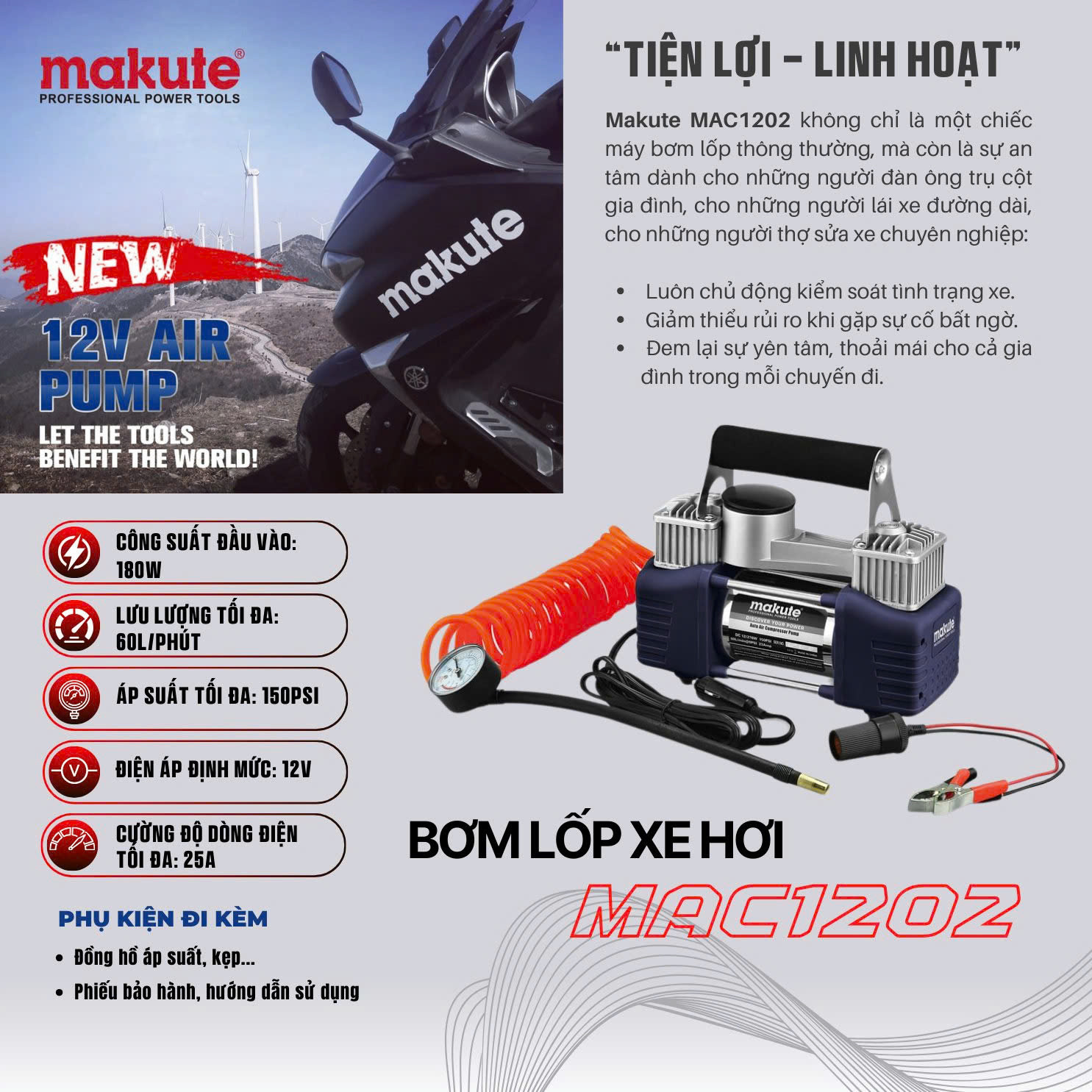 Bơm lốp xe hơi Makute, 2 xi lanh MAC1202
