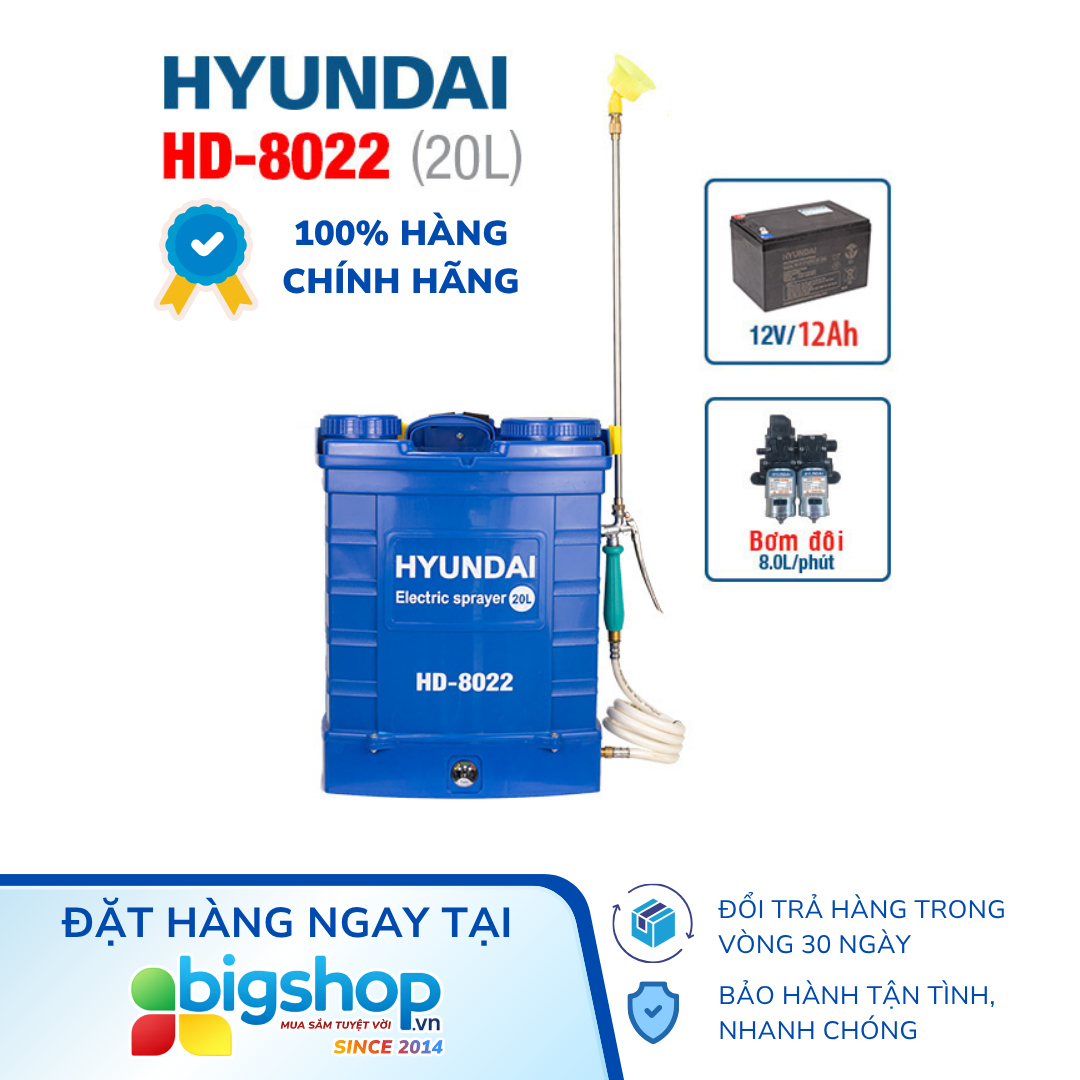 Bình xịt điện HYUNDAI HD-8022 (20L, 12Ah, bơm đôi)