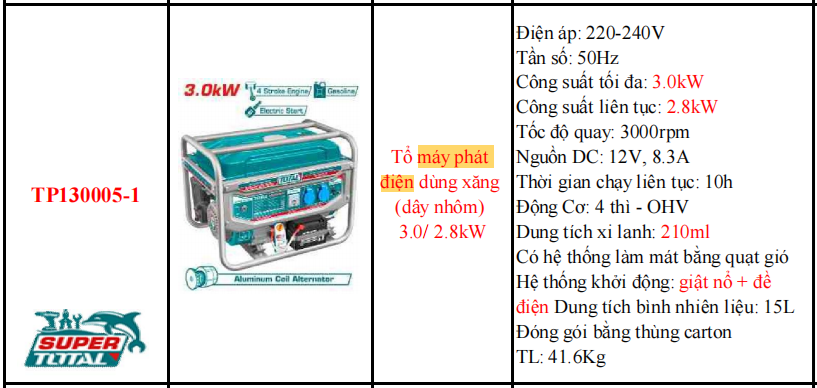 Máy phát điện dùng xăng TOTAL TP130005-1 - CS 3.0kW (Giật nổ - đề)