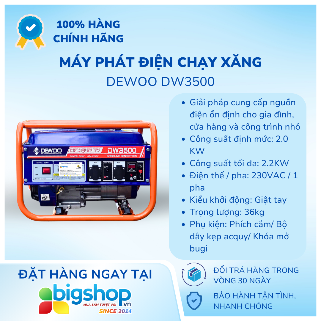 Máy phát điện chạy xăng 2.2KW Dewoo DW3500