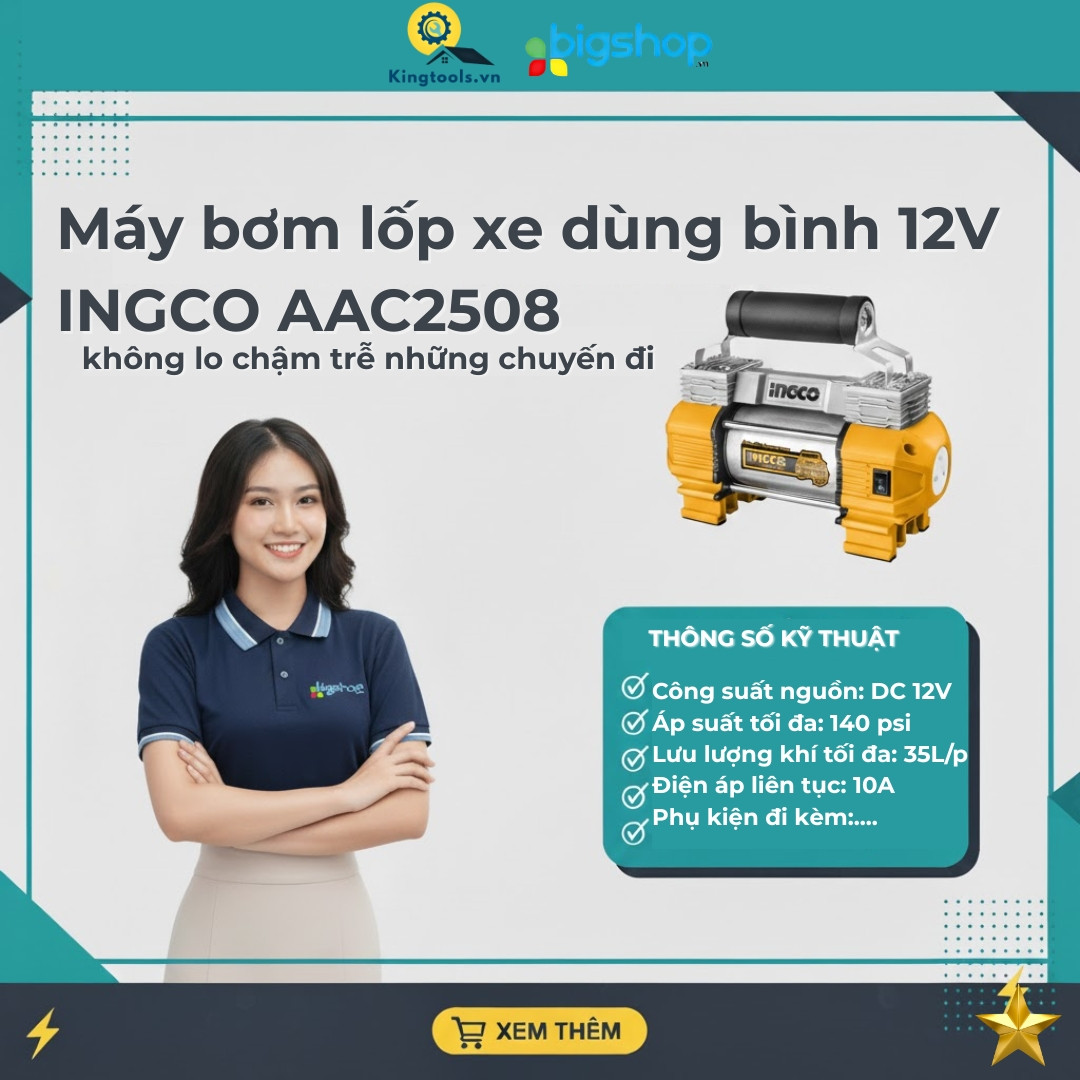 Máy bơm lốp xe ô tô, bánh, dùng bình 12V INGCO AAC2508