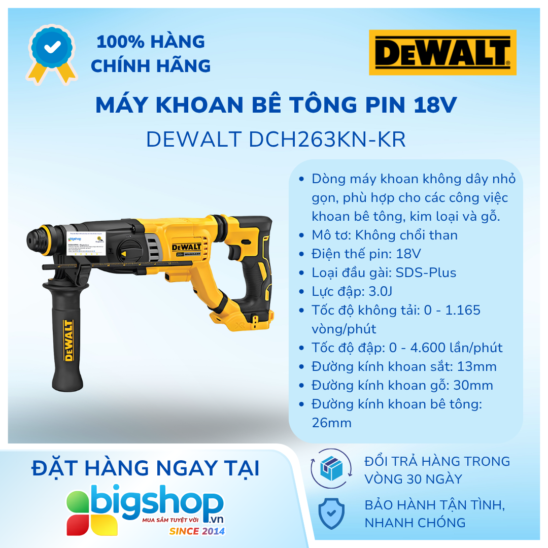 Máy khoan bê tông pin 18V DEWALT DCH263KN-KR (Thân máy)