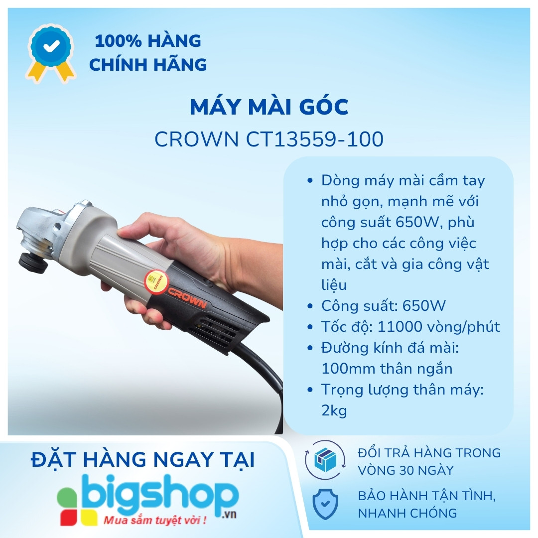 Máy mài góc Crown CT13559-100 (CS 650W, đường kính 100mm)