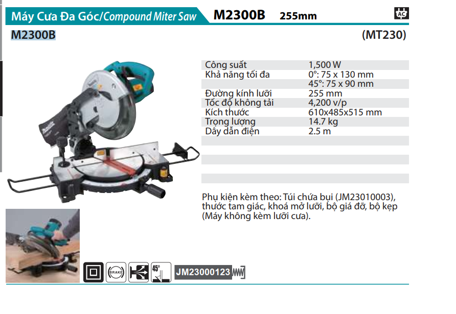 Máy cắt góc đa năng Makita M2300B -1500W,  đĩa 255mm