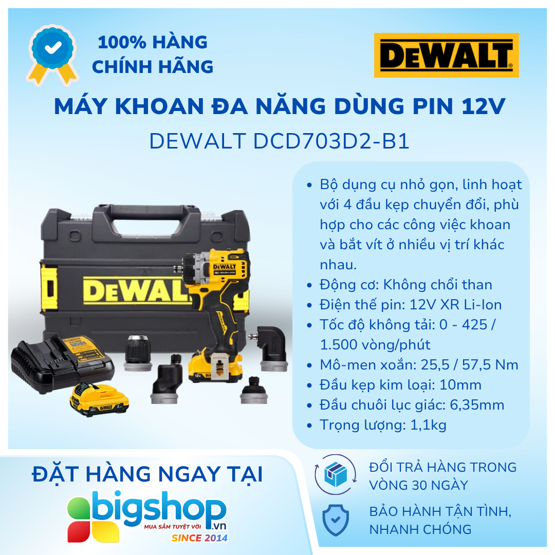 Máy khoan đa năng dùng pin 12V DEWALT DCD703D2-B1 (2 pin 2.0Ah, sạc và 4 đầu kẹp chuyển đổi)