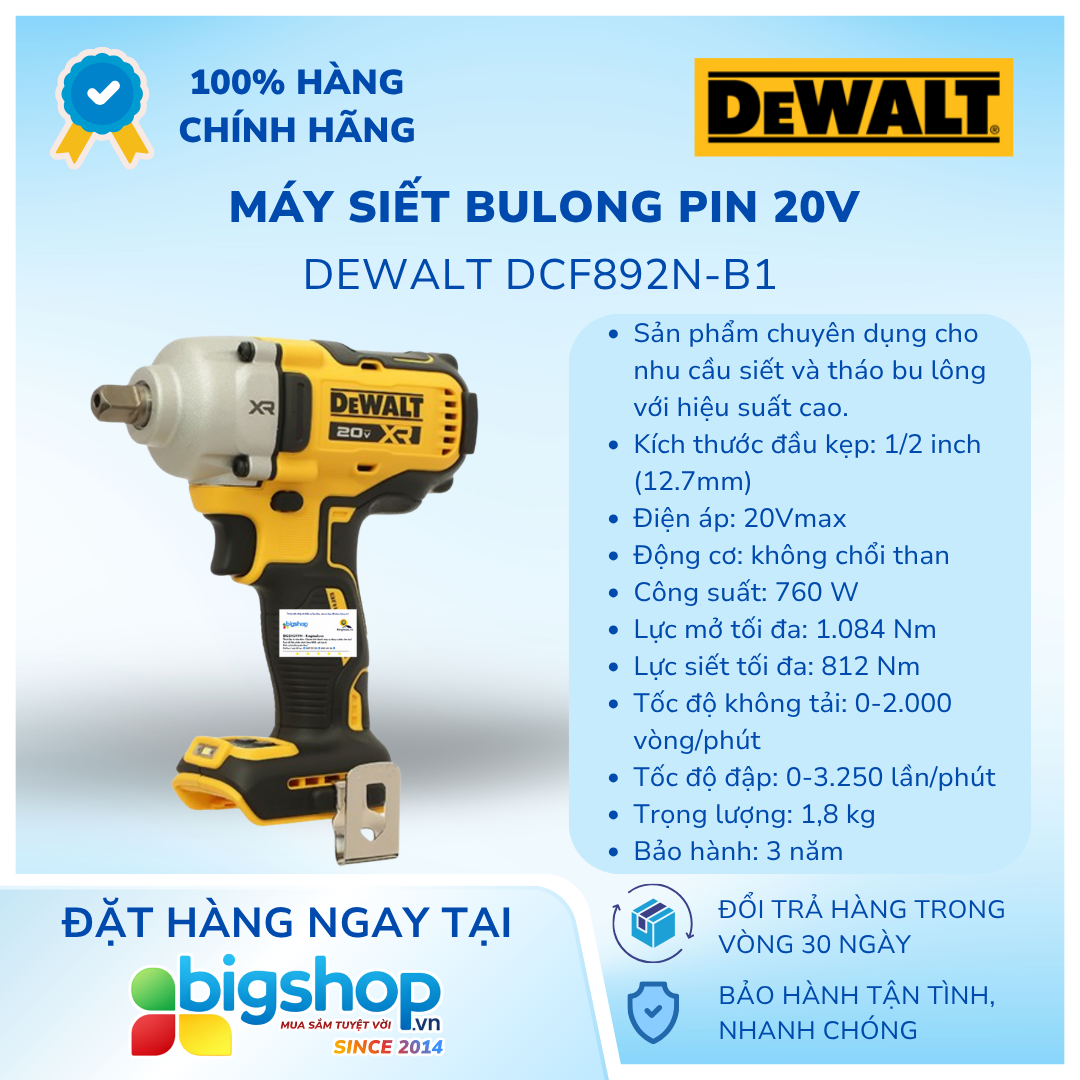 Máy siết bulong pin 20V DEWALT DCF892N-B1 - Thân máy (Lực siết 812Nm)