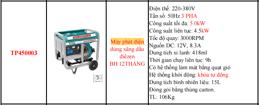 Máy phát điện dùng dầu Diezen TOTAL TP450003 - Công suất 5.0kW