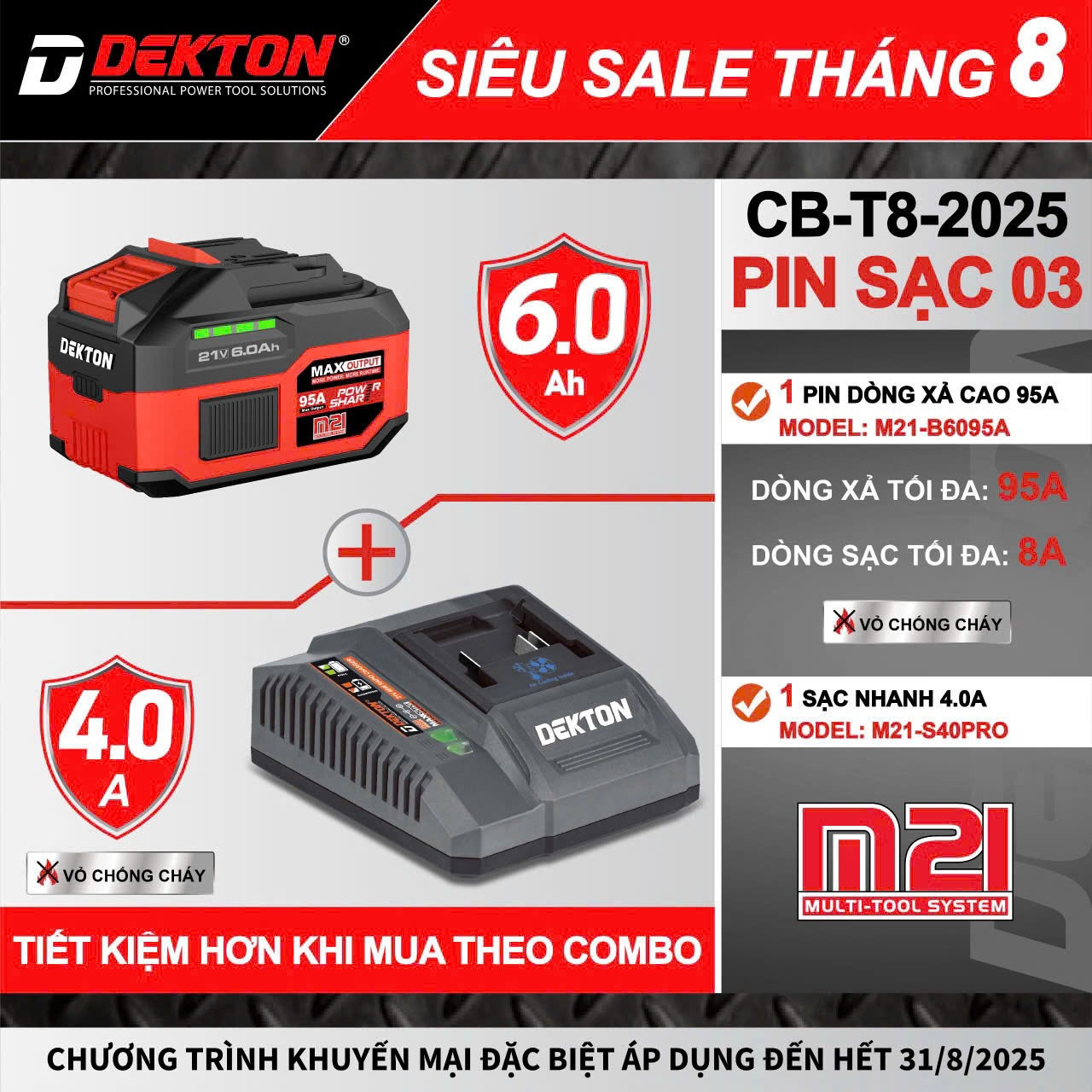 Combo Pin 15Cell 6Ah Dekton M21-B6095A (Màu đỏ đen ), 95a kèm sạc 4ah S40pro